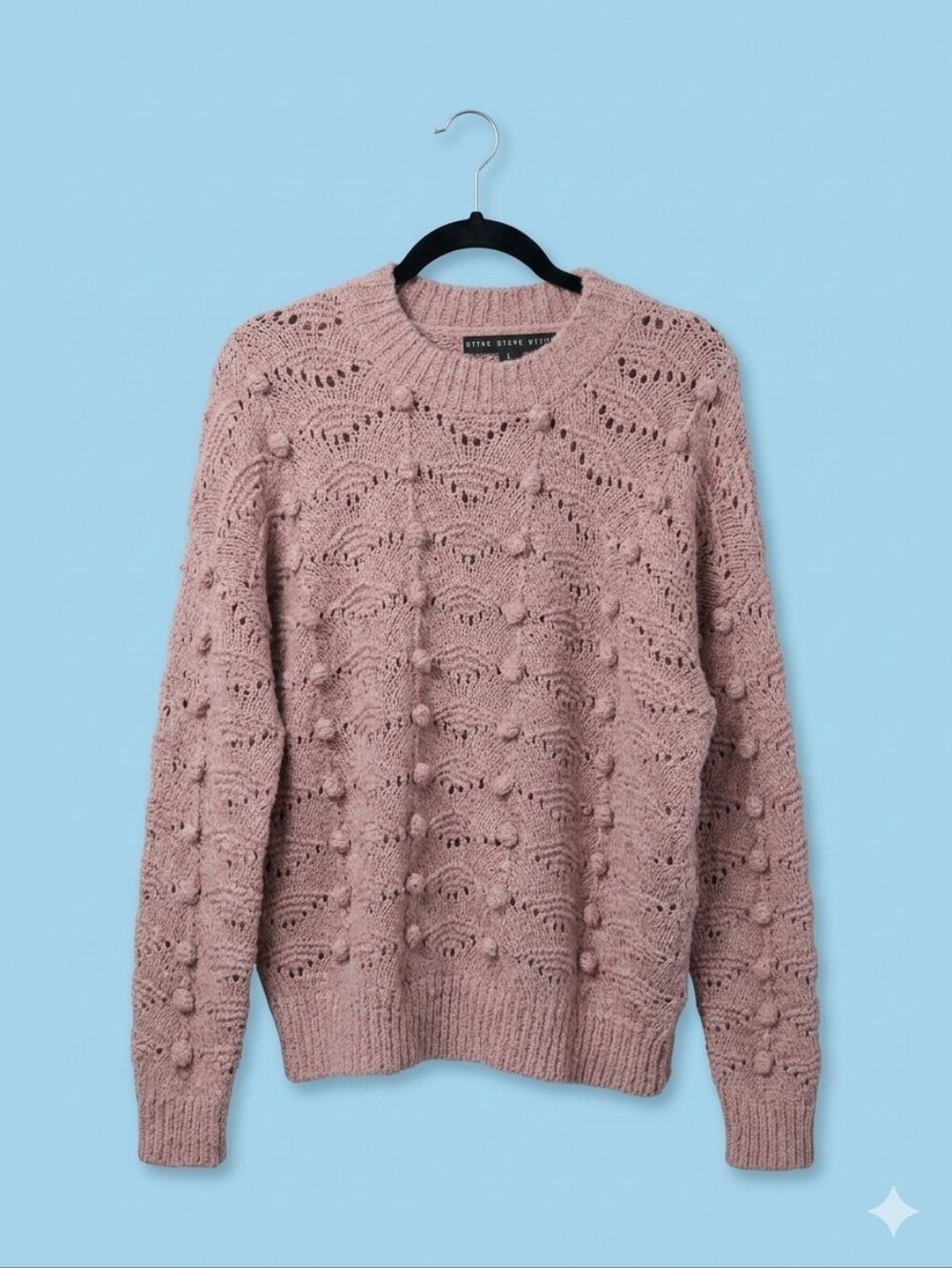 HYFVE Mauve Open Knit Pom Pom Sweater Size Large Crochet Pointelle Boho Long Sle